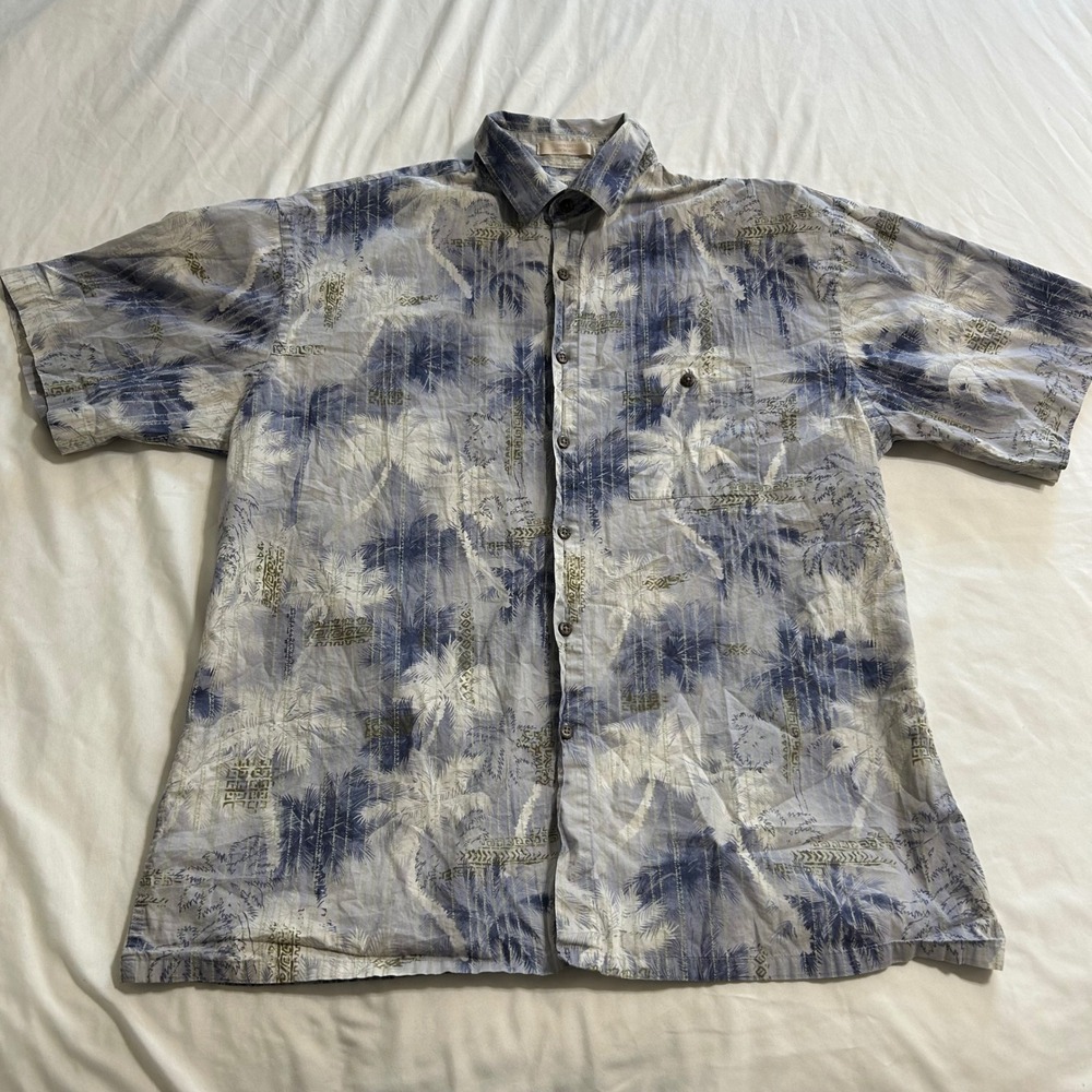 Campia Moda Mens Large Blue Palm Tree Tropical Cotton Button Down Shirt L